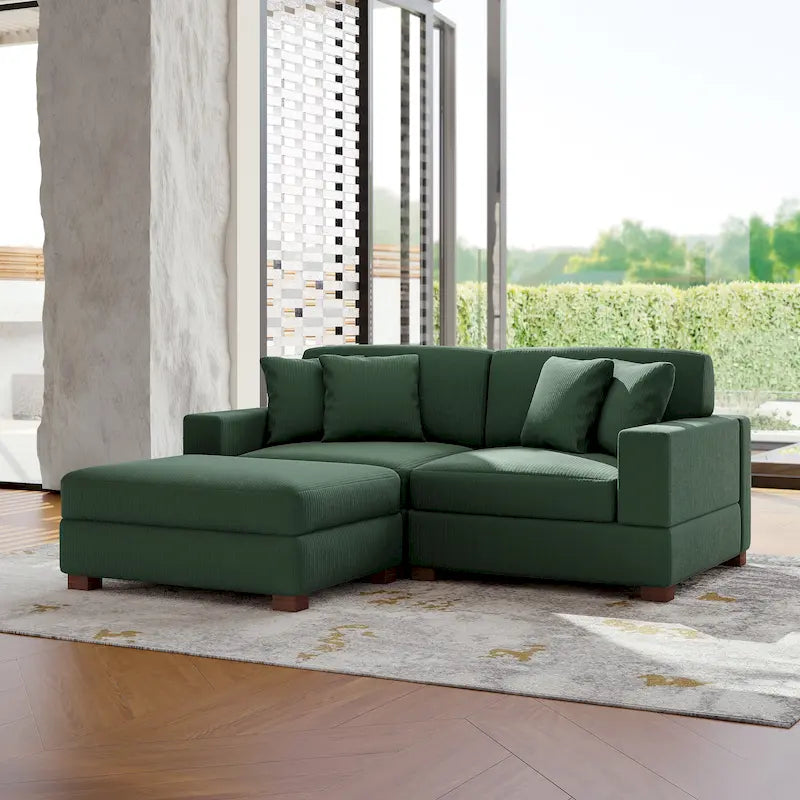 Modular Corduroy Sectional Sofa Set Chaise Couch with Ottoman