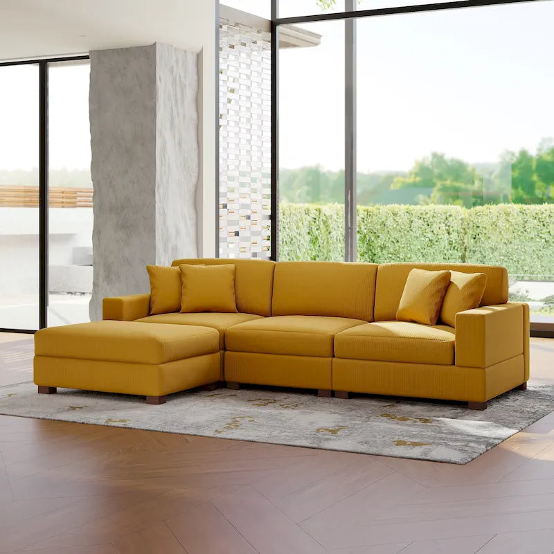 Modular Corduroy Sectional Sofa Set Chaise Couch with Ottoman