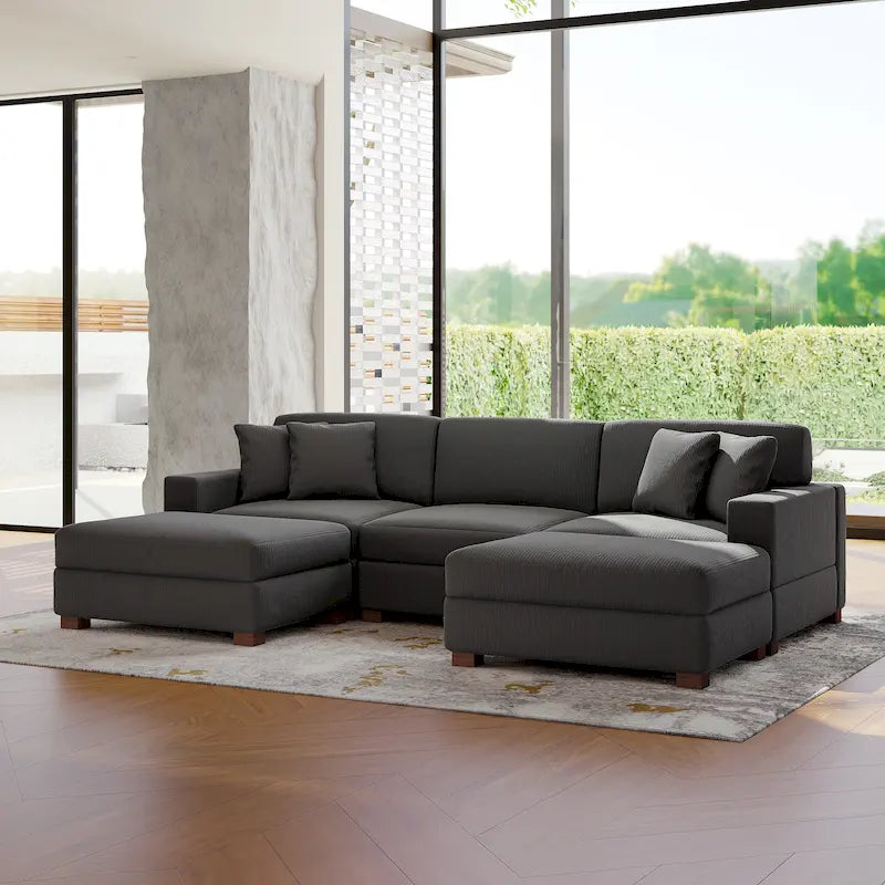 Modular Corduroy Sectional Sofa Set Chaise Couch with Ottoman