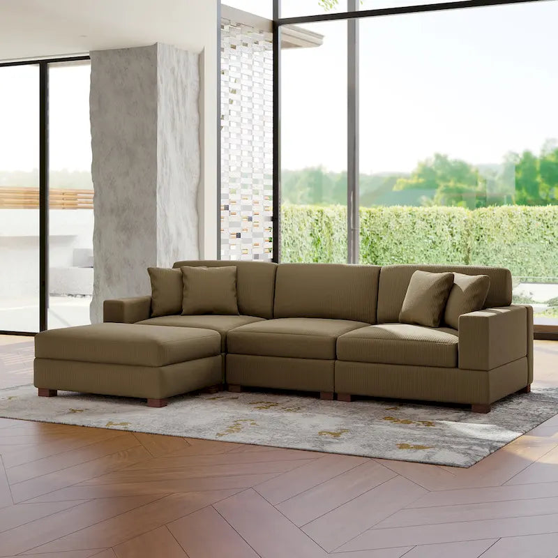 Modular Corduroy Sectional Sofa Set Chaise Couch with Ottoman