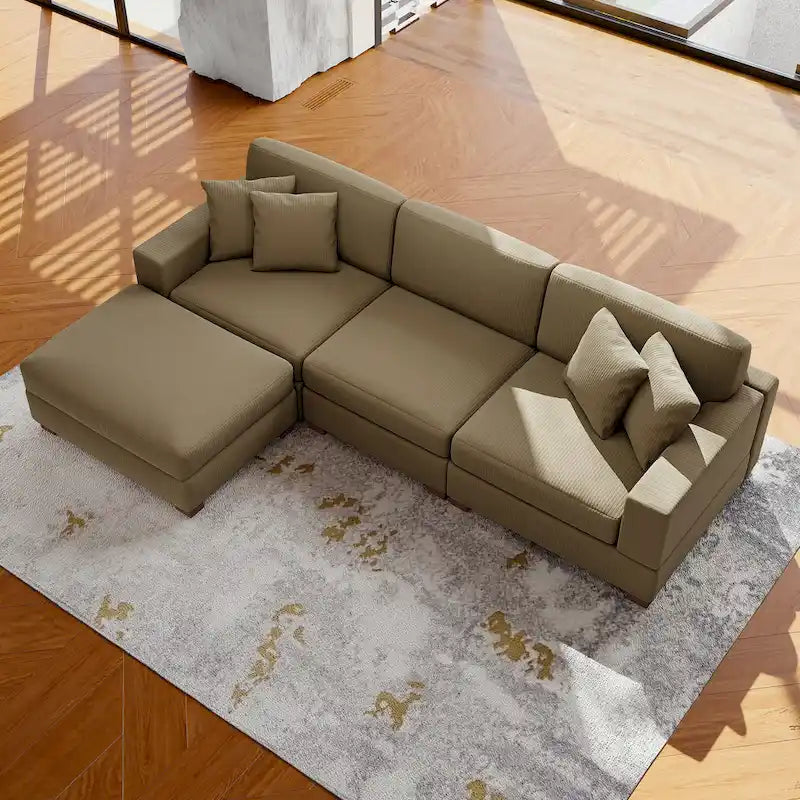 Modular Corduroy Sectional Sofa Set Chaise Couch with Ottoman