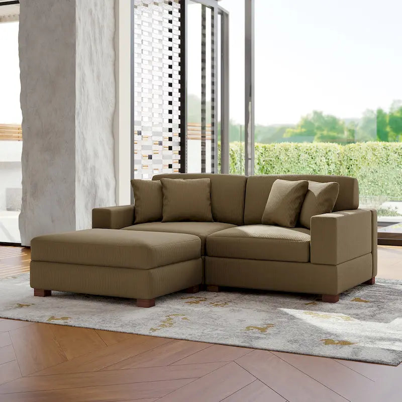 Modular Corduroy Sectional Sofa Set Chaise Couch with Ottoman