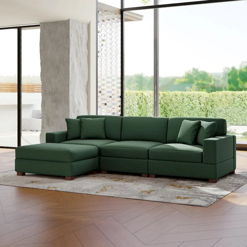 Modular Corduroy Sectional Sofa Set Chaise Couch with Ottoman
