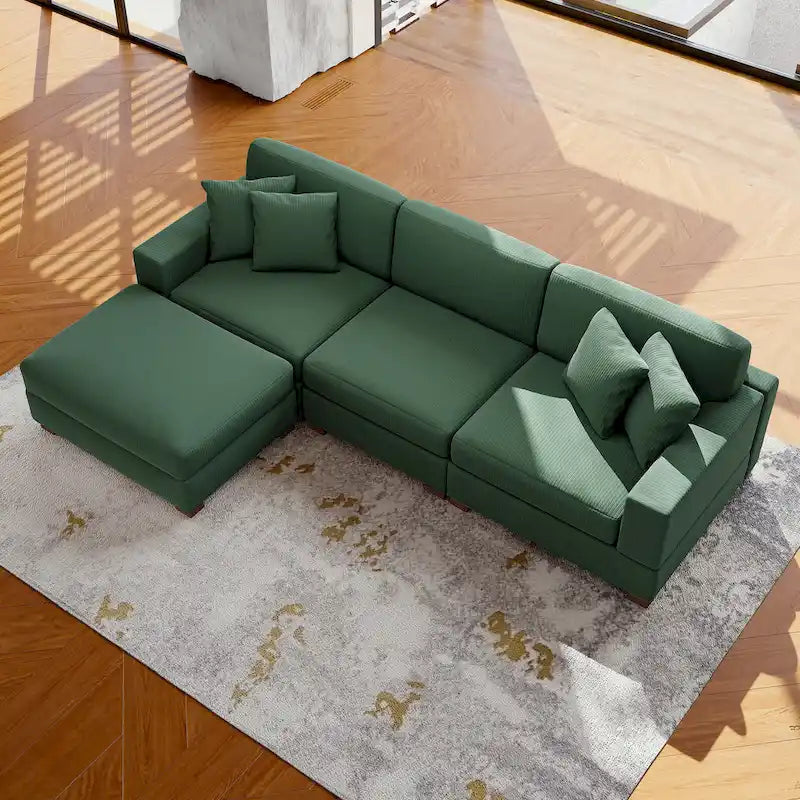 Modular Corduroy Sectional Sofa Set Chaise Couch with Ottoman