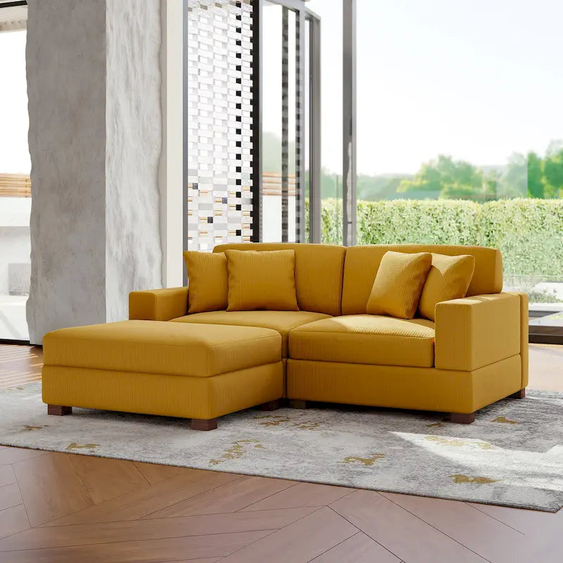 Modular Corduroy Sectional Sofa Set Chaise Couch with Ottoman