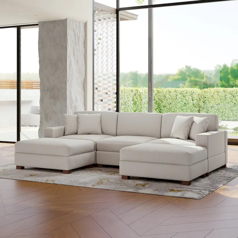 Modular Corduroy Sectional Sofa Set Chaise Couch with Ottoman