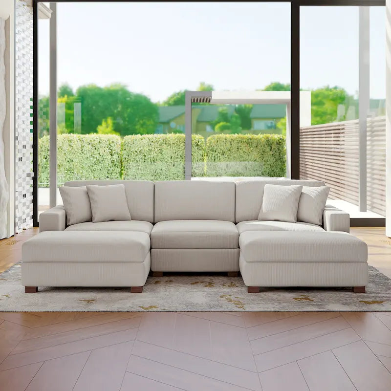 Modular Corduroy Sectional Sofa Set Chaise Couch with Ottoman