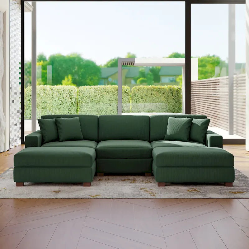 Modular Corduroy Sectional Sofa Set Chaise Couch with Ottoman