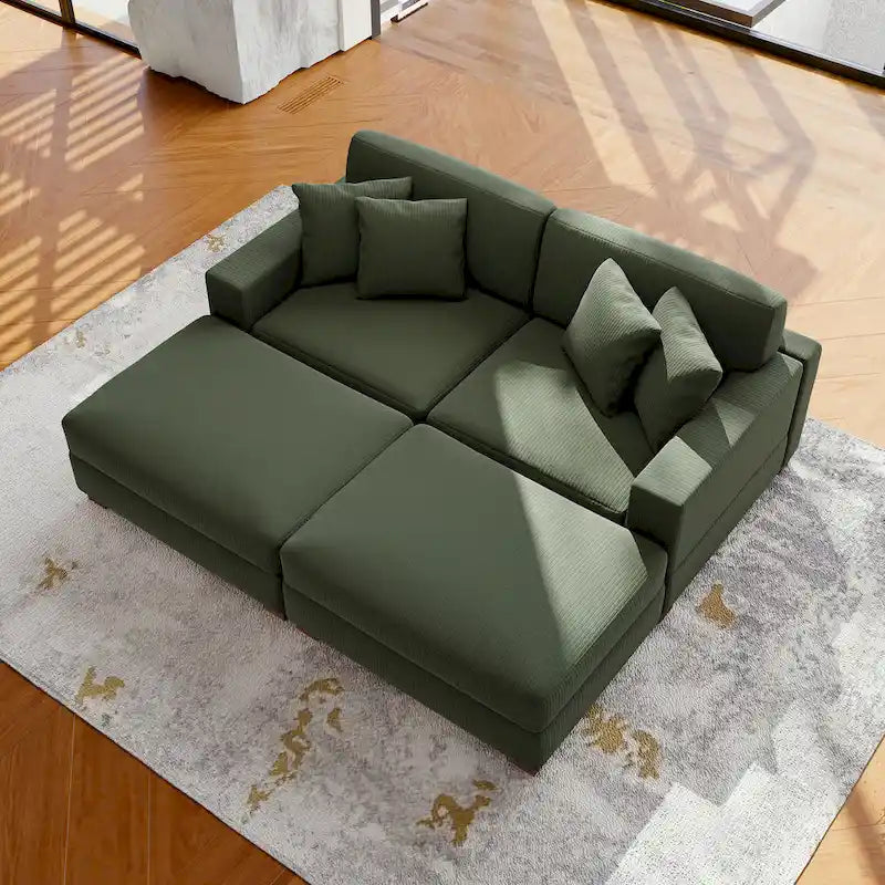 Modular Corduroy Sectional Sofa Set Chaise Couch with Ottoman