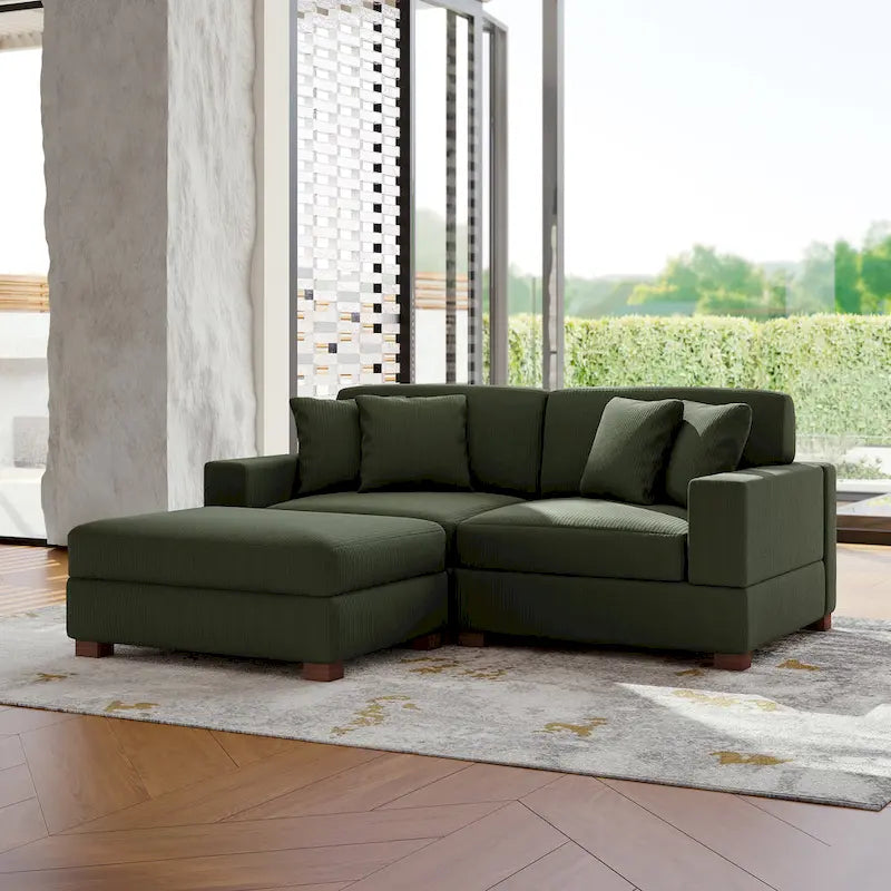 Modular Corduroy Sectional Sofa Set Chaise Couch with Ottoman