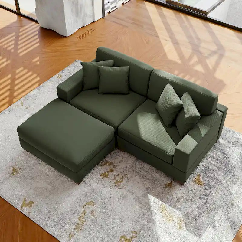 Modular Corduroy Sectional Sofa Set Chaise Couch with Ottoman