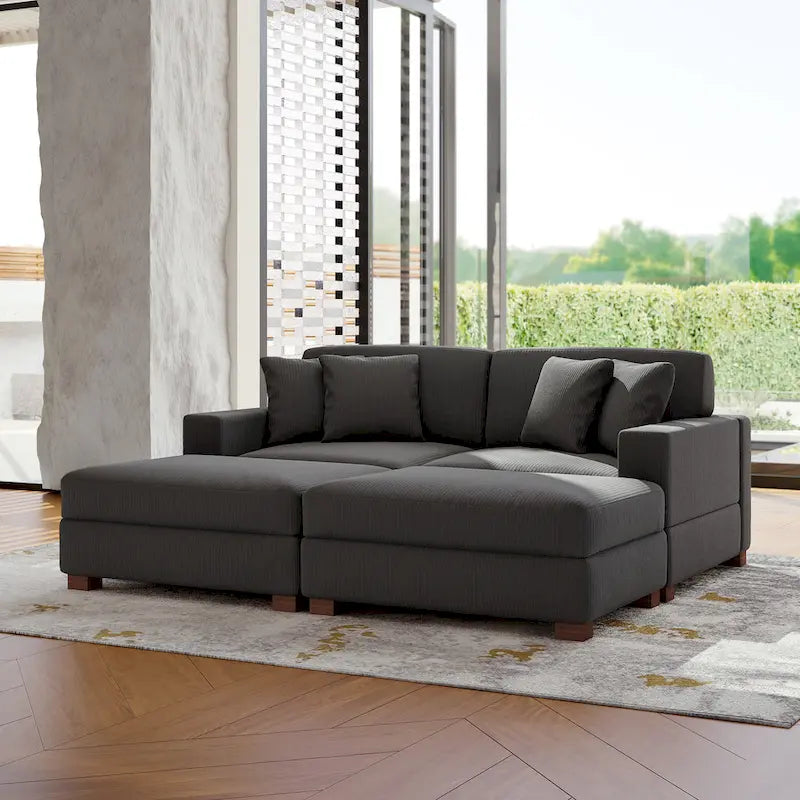 Modular Corduroy Sectional Sofa Set Chaise Couch with Ottoman
