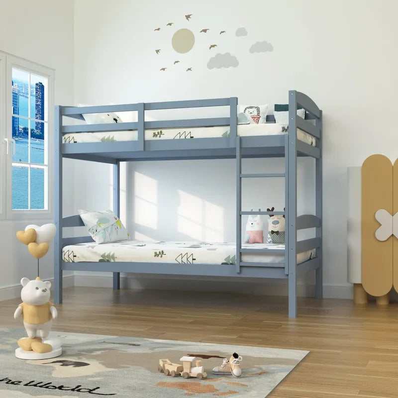 Modern Gray Solid Wood Twin Over Twin Bunk Bed with Ladder