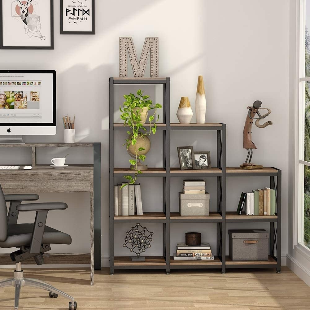 12 Shelves Ladder Bookshelf, Industrial Corner Bookshelf
