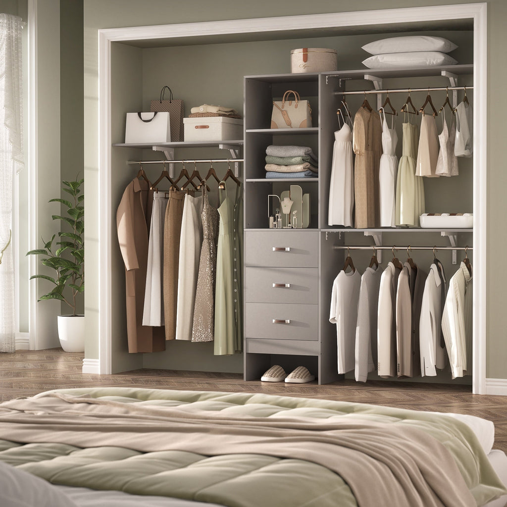 Rackcog 120'' Adjustable Closet Organizer with Drawers, Closet System with DIY Shelves for Reach-in and Walk-in Closet