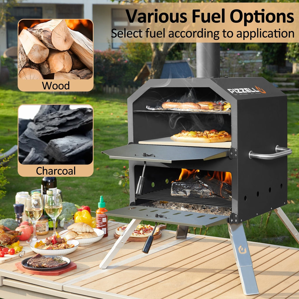 2-Layer Outdoor Pizza Oven Wood Fired Pizza Maker Outside Pizza Grill for Camping - 16 inch
