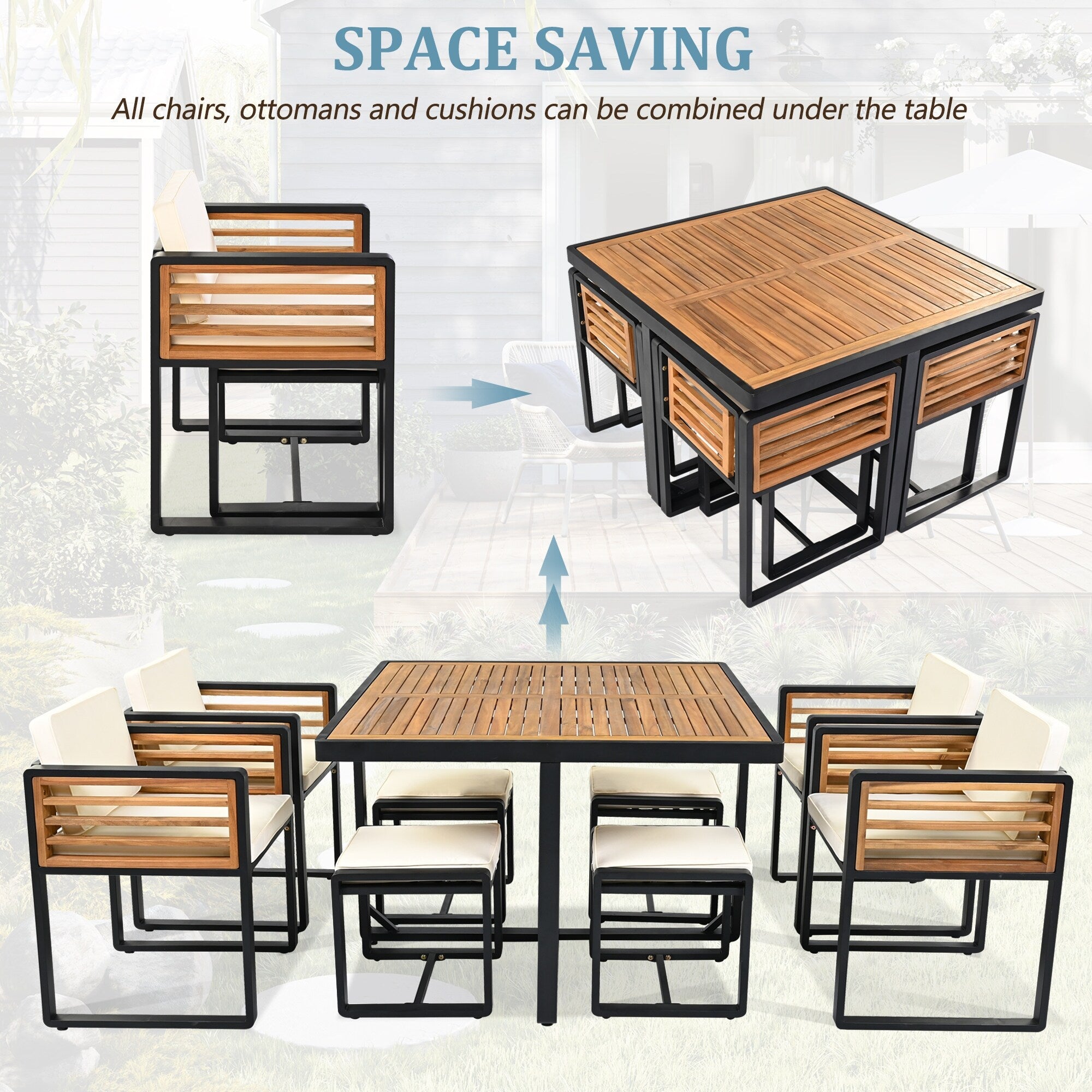 18-Pieces Acacia Wood Patio Dining Set, 8 Cushioned Chairs & 8 Ottomans & 2 Square Table
