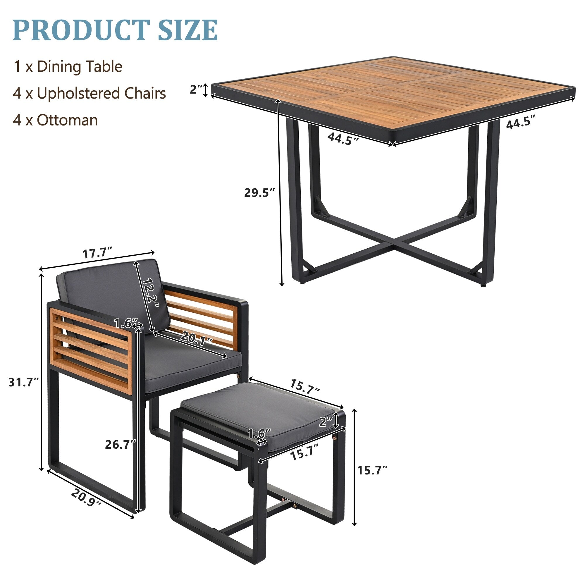 18-Pieces Acacia Wood Patio Dining Set, 8 Cushioned Chairs & 8 Ottomans & 2 Square Table
