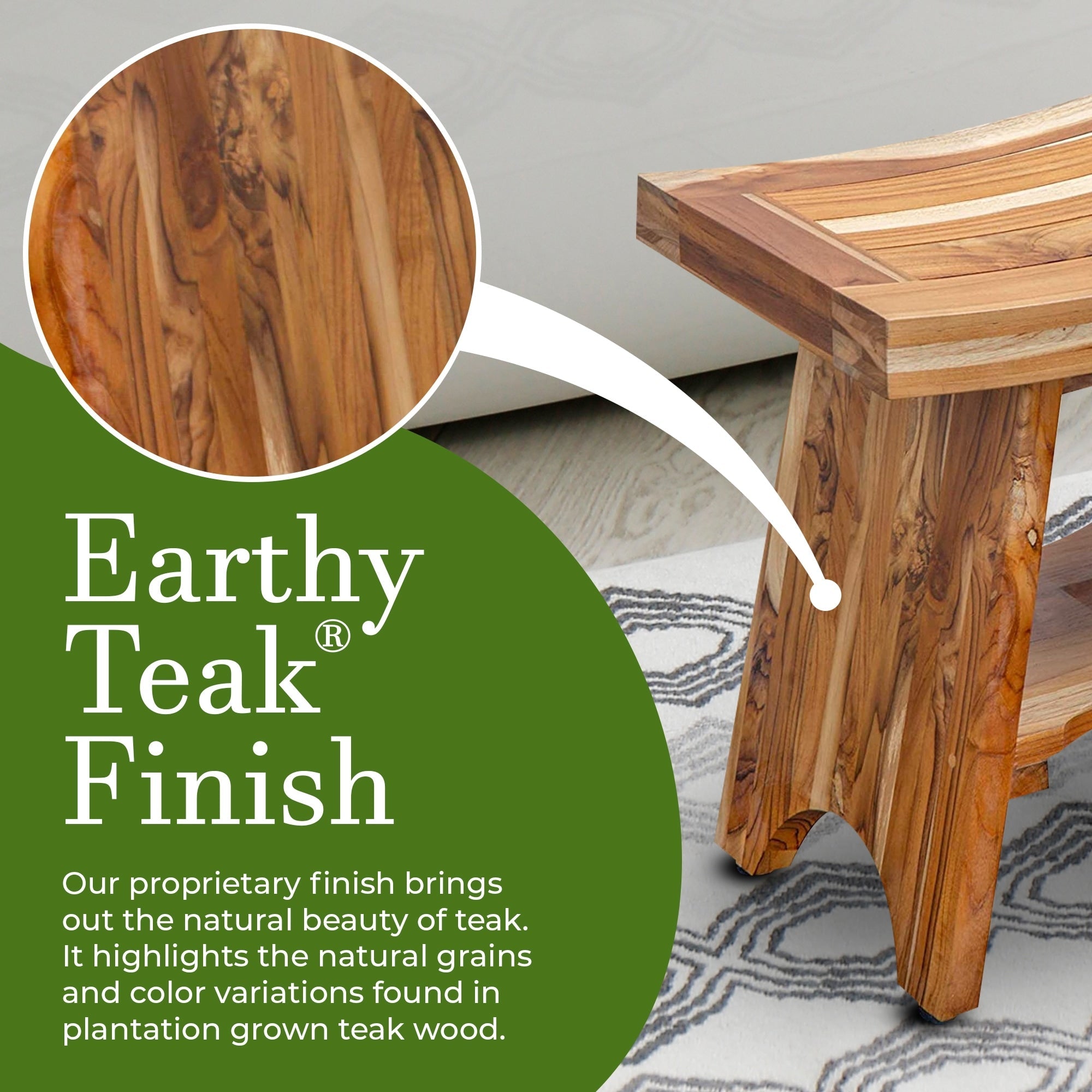 EcoDecors, Serenity, Teak Shower Bench, Teak Shower Stool, Teak Corner Shower Bench, 18 Inch, With Shelf