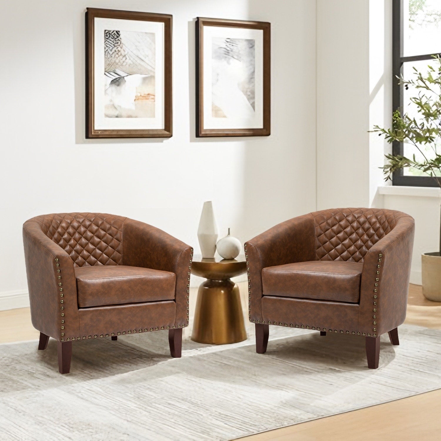 2 Set 29 W Vegan Leather Barrel Accent Chairs with Nailheads Trim