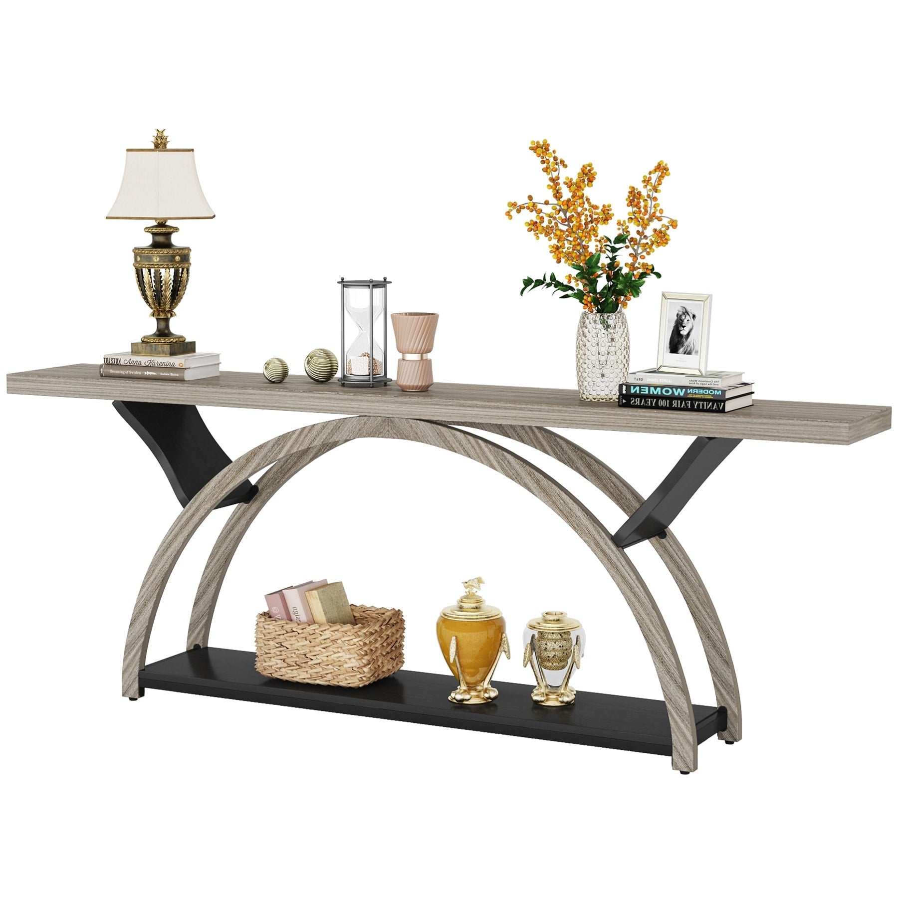 2-Tier Narrow Long Console Sofa Table with Semi-Circular Frame for Entryway,Gray Hallway Accent Tables