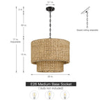 4-Light Natural Rattan Traditional Drum Pendant Light Black Canopy - Black/earthy - 20 in. W