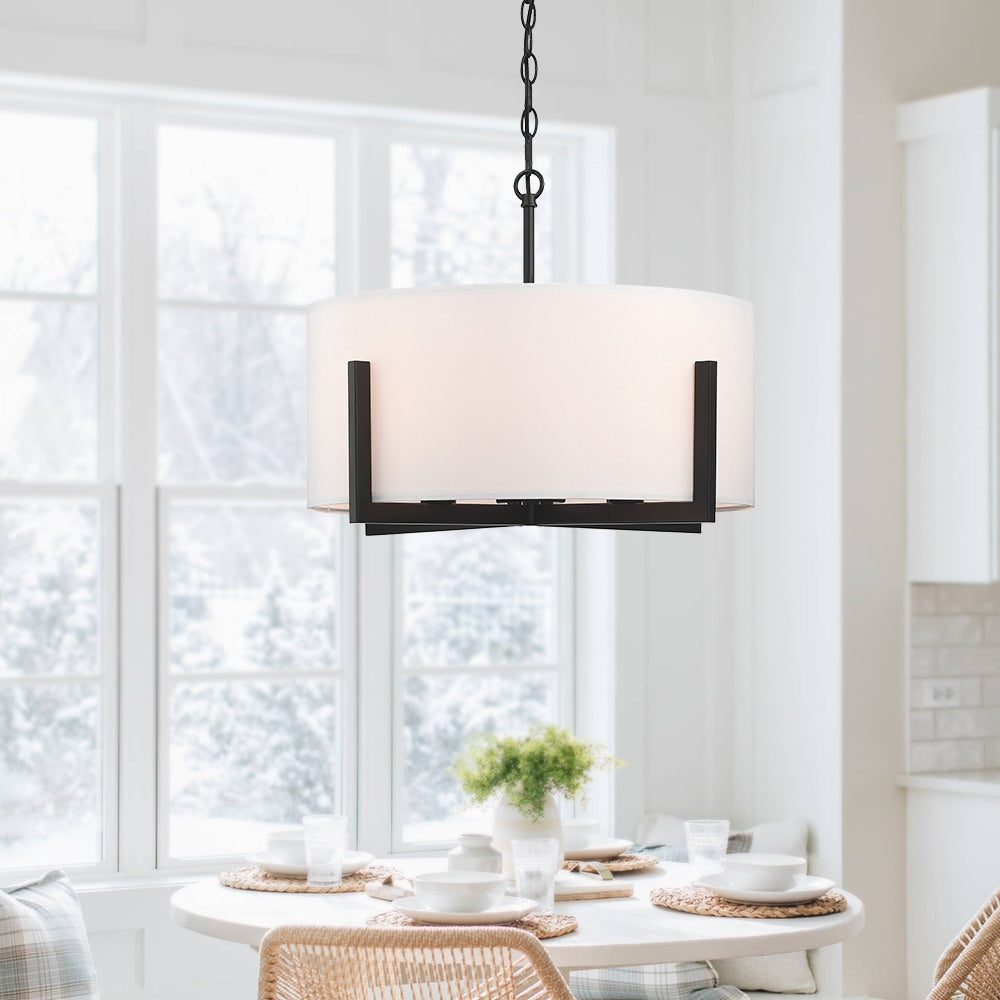 22 in. 4-Light Matte Black Chandelier Pendant Light with White Drum Shade - 22W