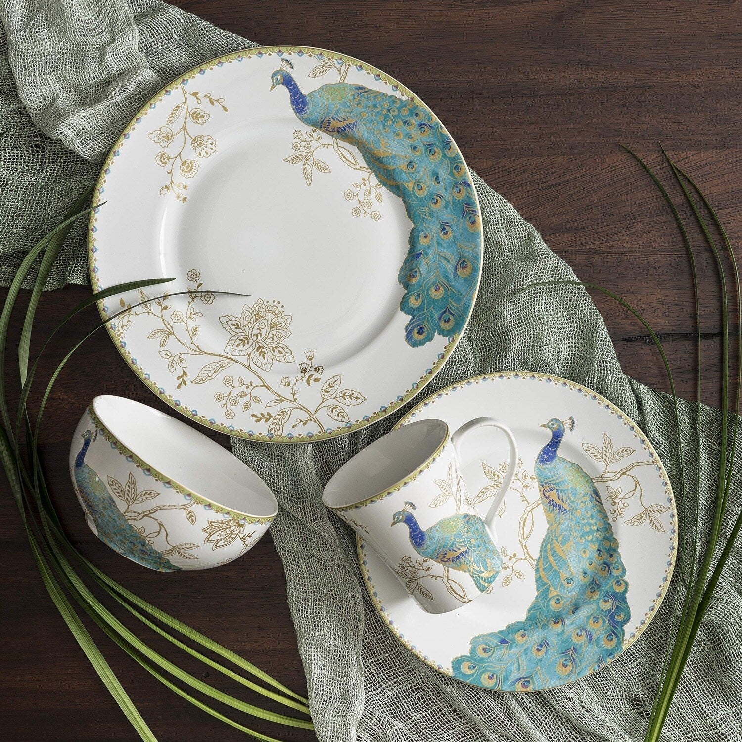 222 Fifth Peacock Garden 16-Piece Porcelain Dinnerware Set with Round Plates, Bowls, and Mugs, White