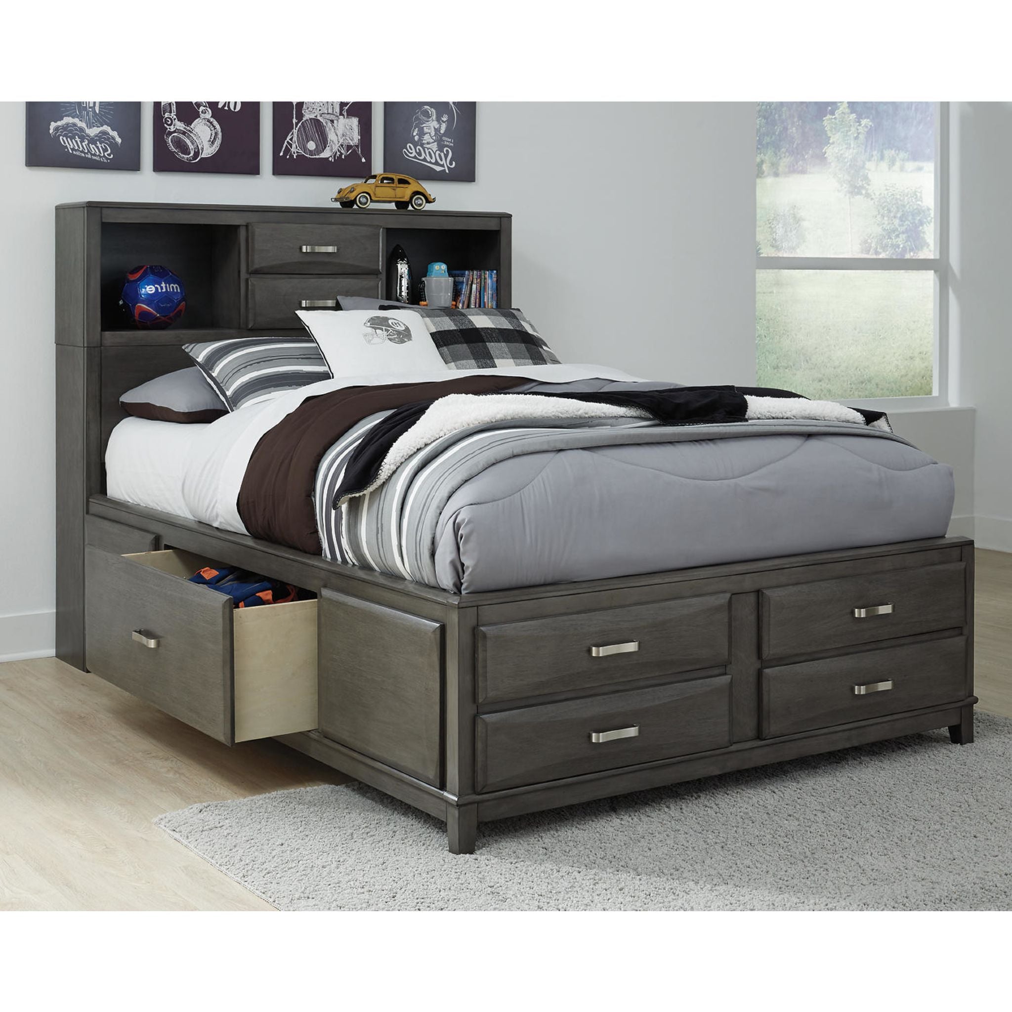 Caitbrook Full Bookcase Storage Bed - Gray