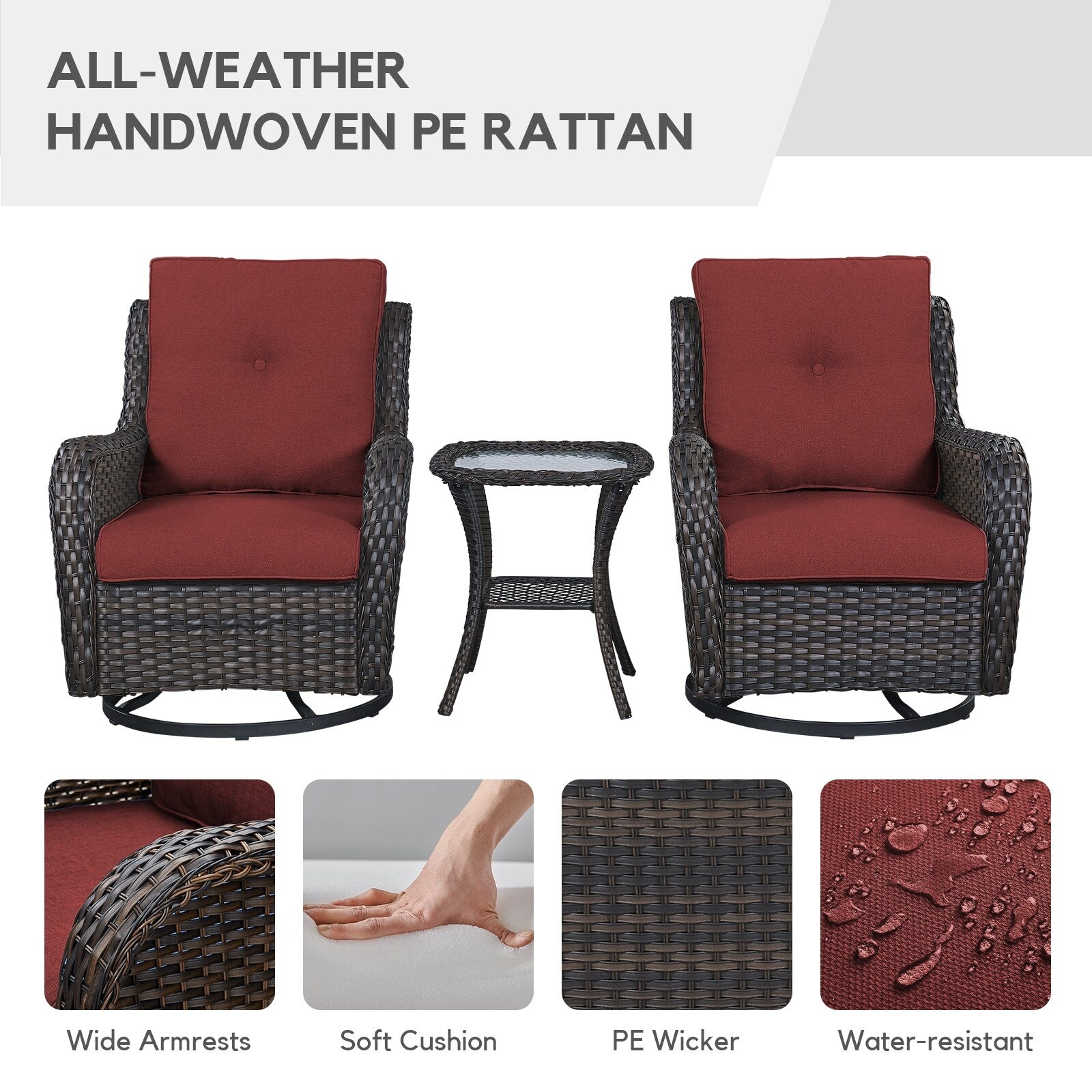 Gymojoy 3 Piece Outdoor Wicker Swivel Rocker with Cushion & Table