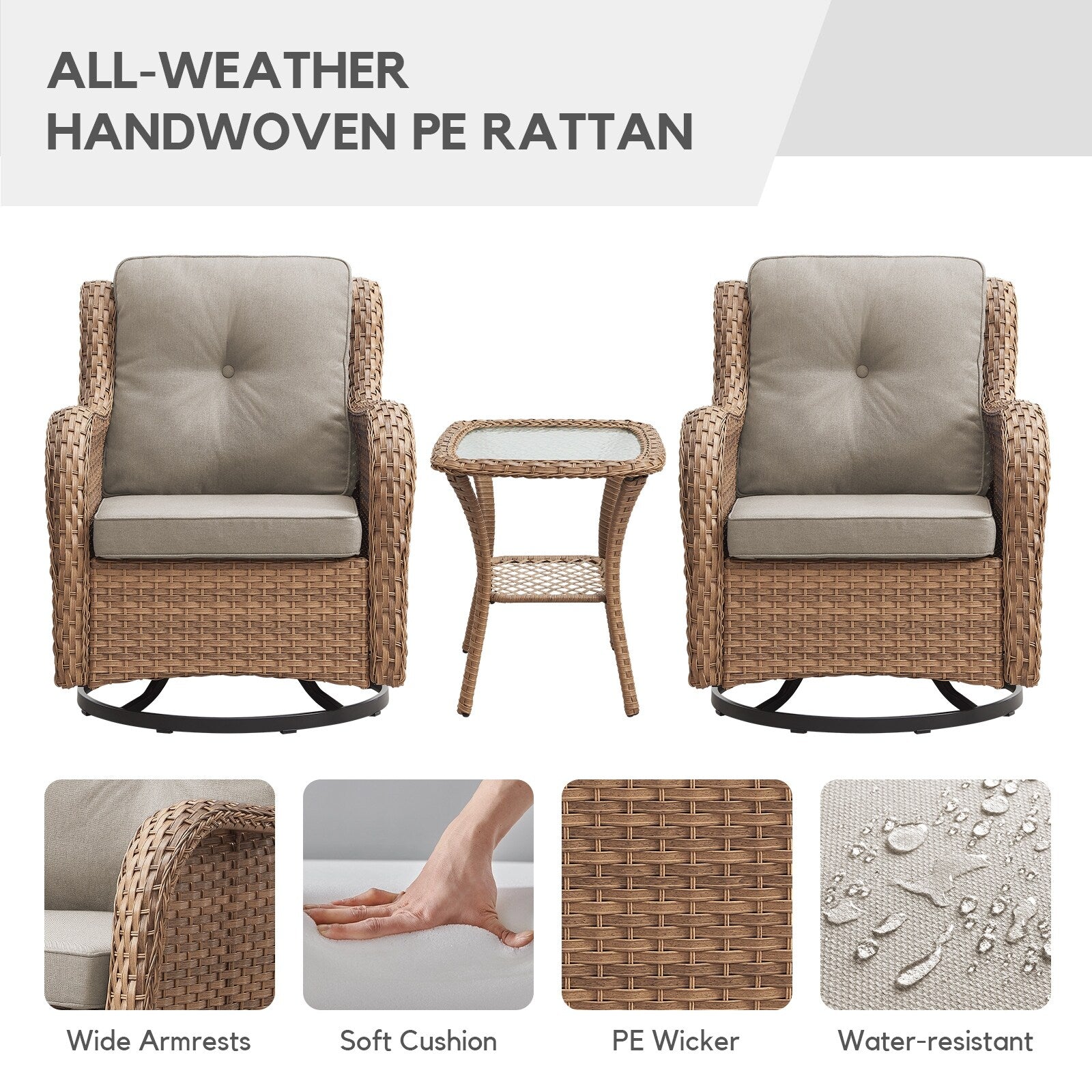 Gymojoy 3 Piece Outdoor Wicker Swivel Rocker with Cushion & Table