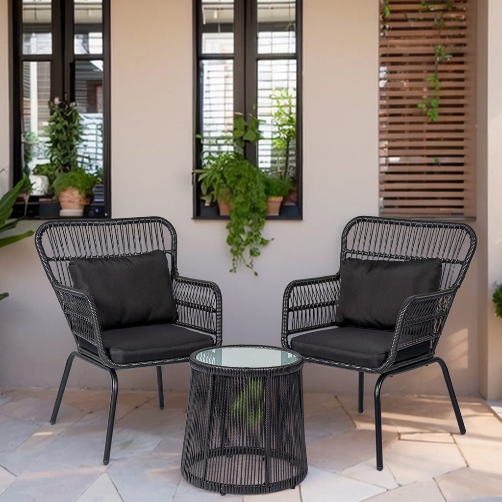 3 Piece Outdoor Wicker Conversation Bistro Set, All-Weather Rattan Furniture Patio Chairs Set with Cushions