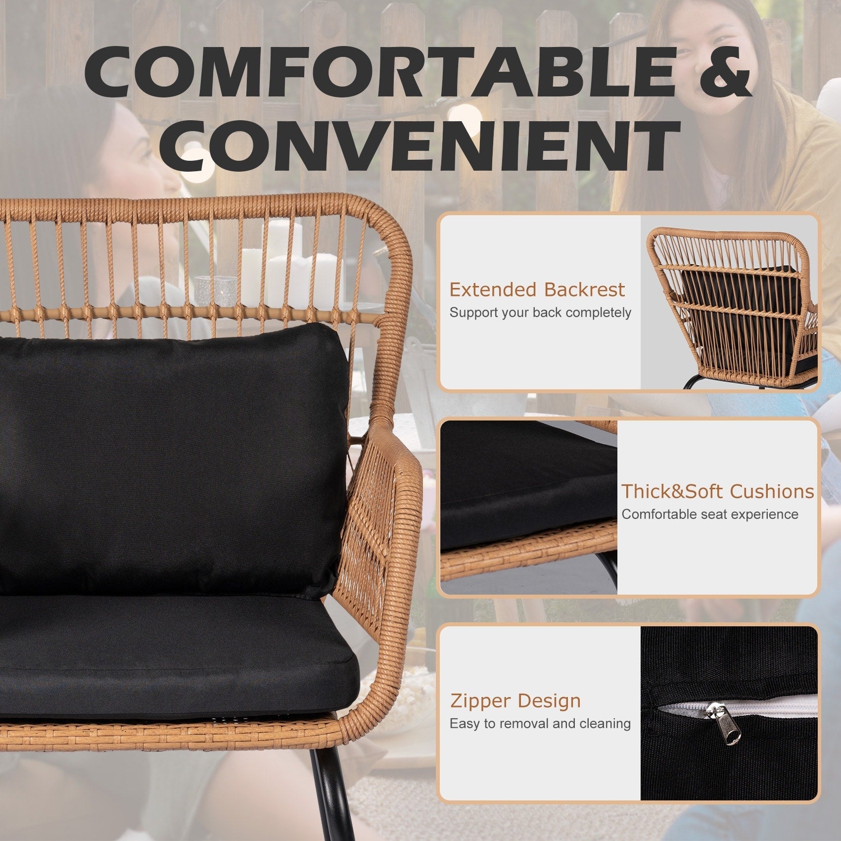 3 Piece Outdoor Wicker Conversation Bistro Set, All-Weather Rattan Furniture Patio Chairs Set with Cushions