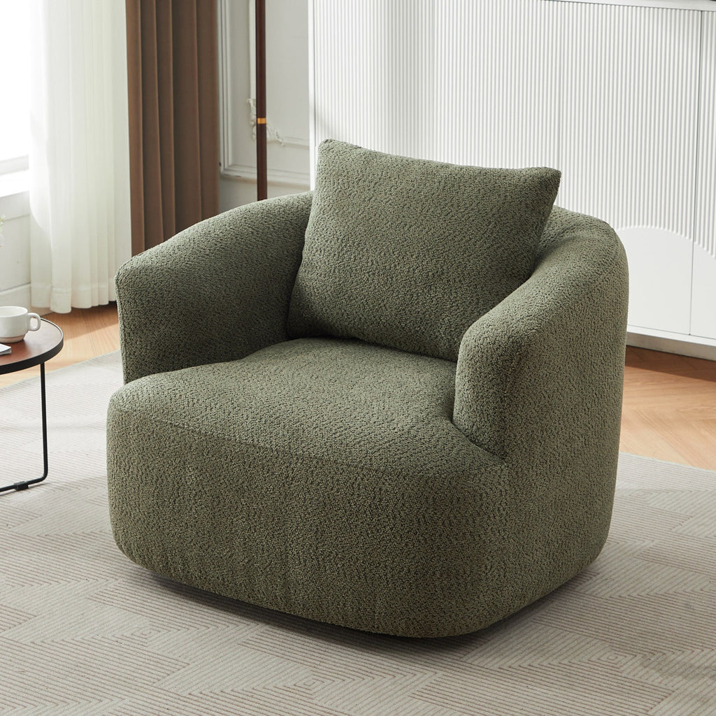 360° Swivel Chair, 38.2 Boucle Accent Chair with Throw Pillow, Upholstered Barrel Sofa Chair with Curved Armrests
