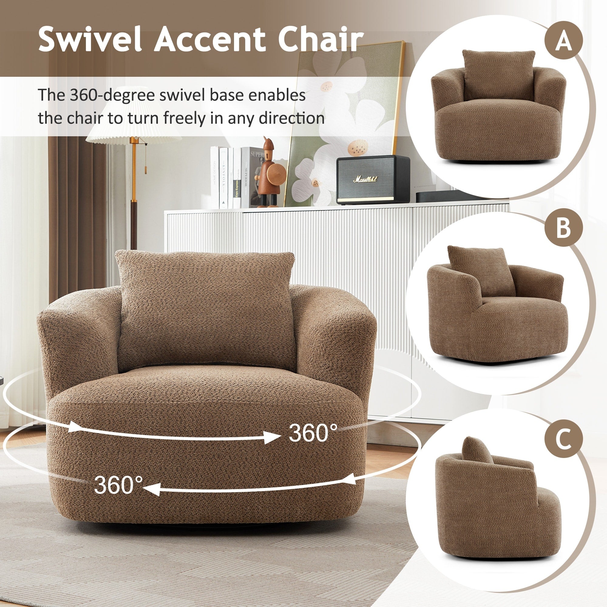 360° Swivel Chair, 38.2 Boucle Accent Chair with Throw Pillow, Upholstered Barrel Sofa Chair with Curved Armrests