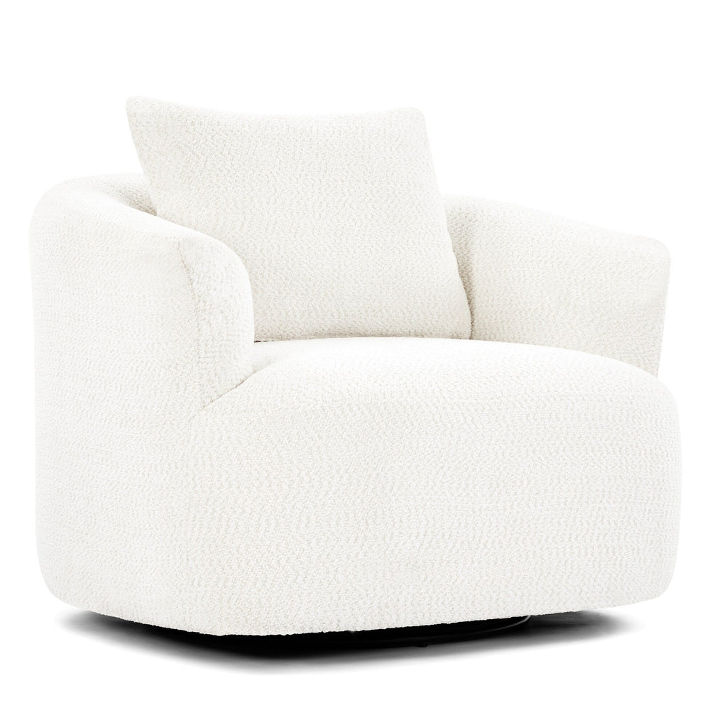 360° Swivel Chair, 38.2 Boucle Accent Chair with Throw Pillow, Upholstered Barrel Sofa Chair with Curved Armrests