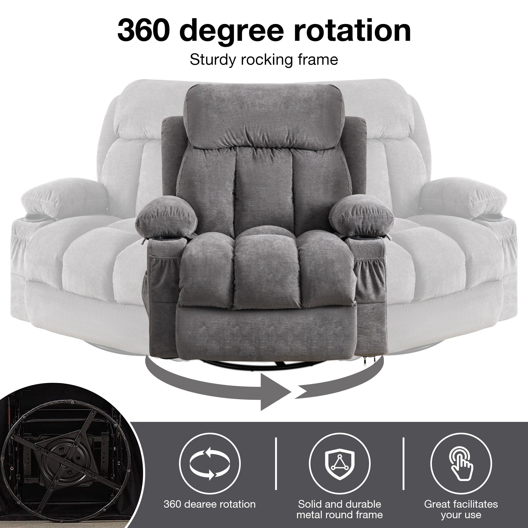 360° Swivel Recliner Chair with Massage, Heat, USB, and Cup Holders