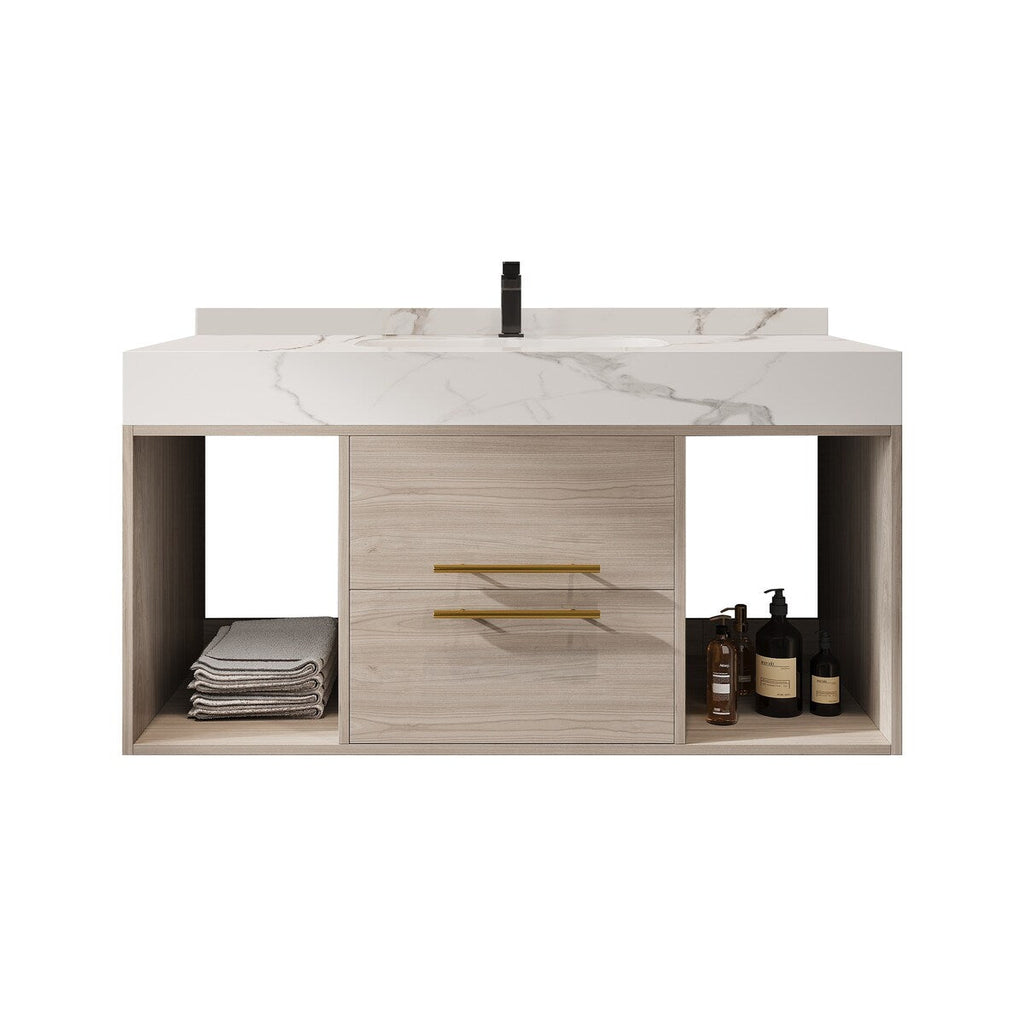 39.4 '' Floating Bathroom Vanity with Ceramic sink,Wall Hung Vanity 2 Soft Close Drawer and white slate top - 39'4 x 18'9