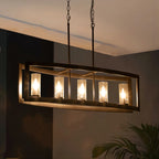 5-Light Mid-Century Modern Industrial Linear Kitchen Island Pendant Vintage Rectangle Glass Chandelier