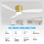 52 Inch Black/White Flush Mount LED Ceiling Fan with Lights Remote(3-Blade)