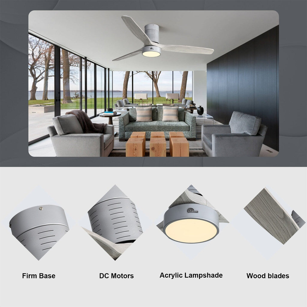 52 Inch Farmhouse Style Flush Mount Ceiling Fan with Light and Remote Control, Reversible DC Motor