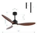 52 Inch LED Ceiling Fan with Lights Remote(3-Blade)
