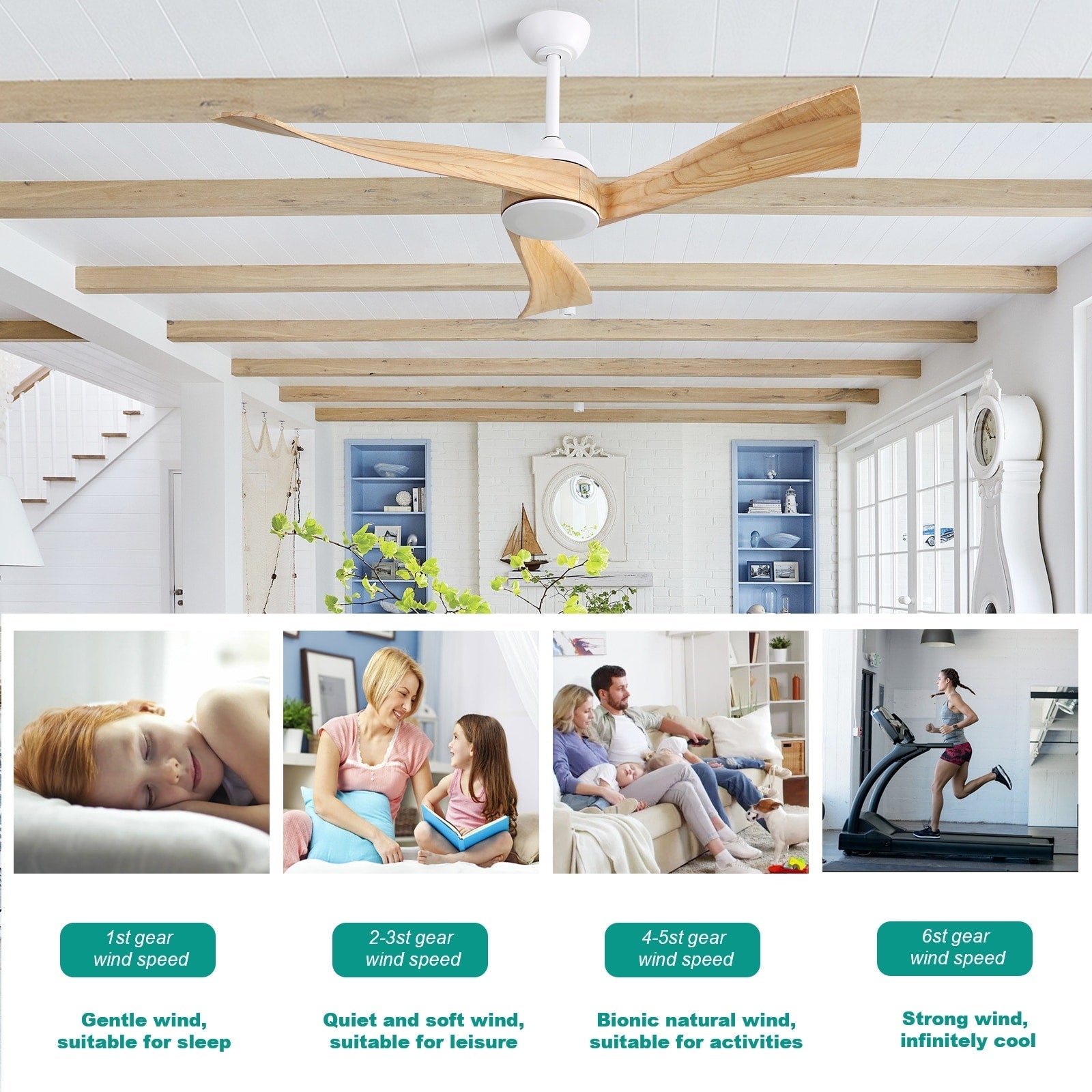 52 inch Modern Solid Wood / ABS Ceiling Fan With Remote Control(No Light),6 WInd Speed,Reversible Airflow