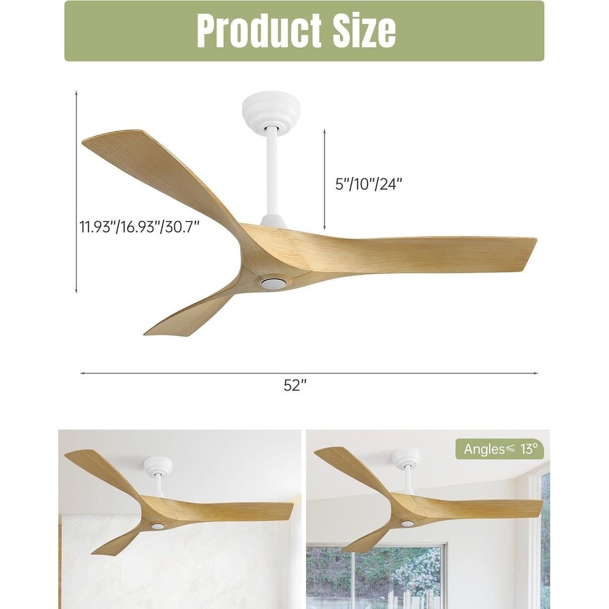 52 inch Modern Solid Wood / ABS Ceiling Fan With Remote Control(No Light),6 WInd Speed,Reversible Airflow