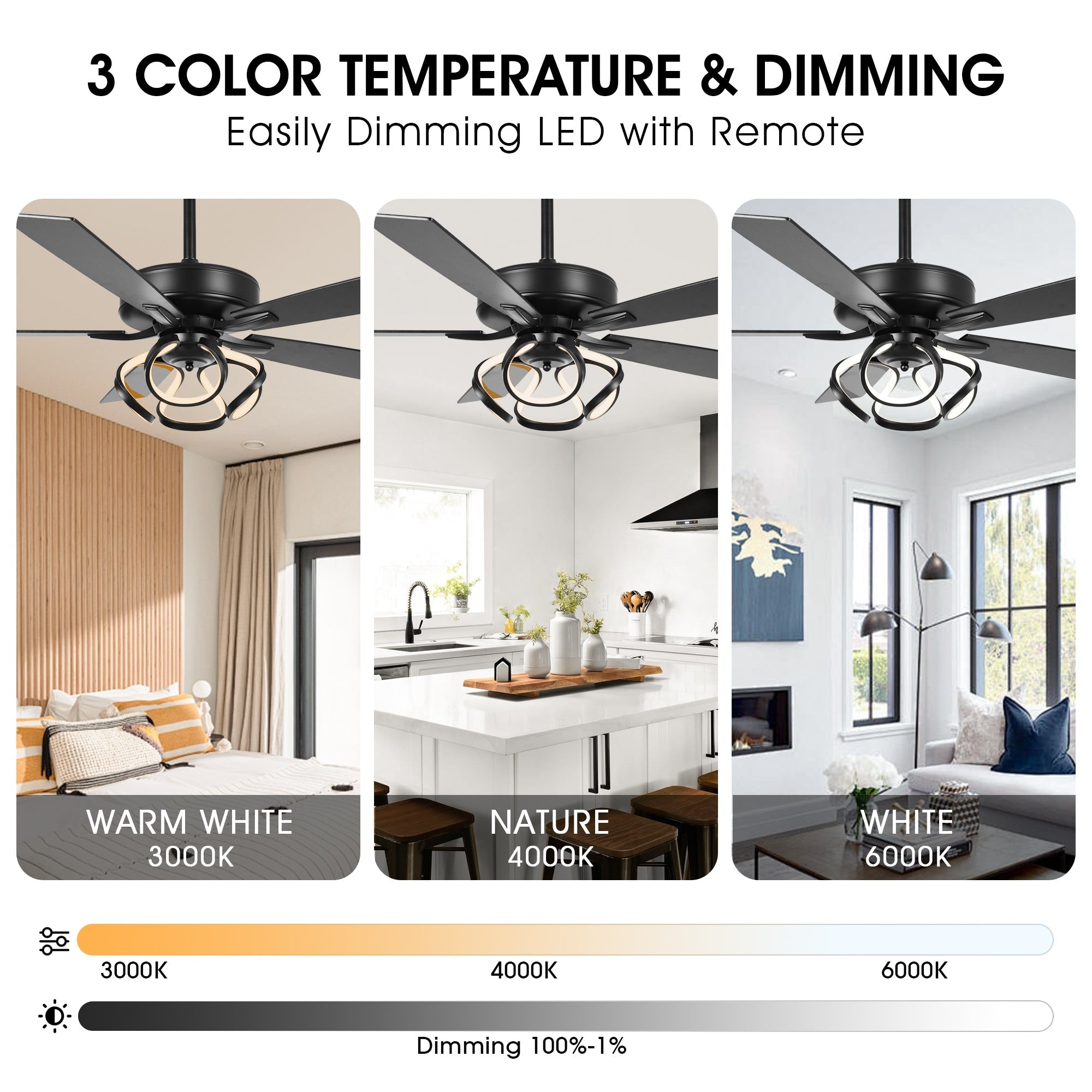 52 Modern Chrome/ Black Indoor Dimmable LED Ceiling Fan with Light and Remote