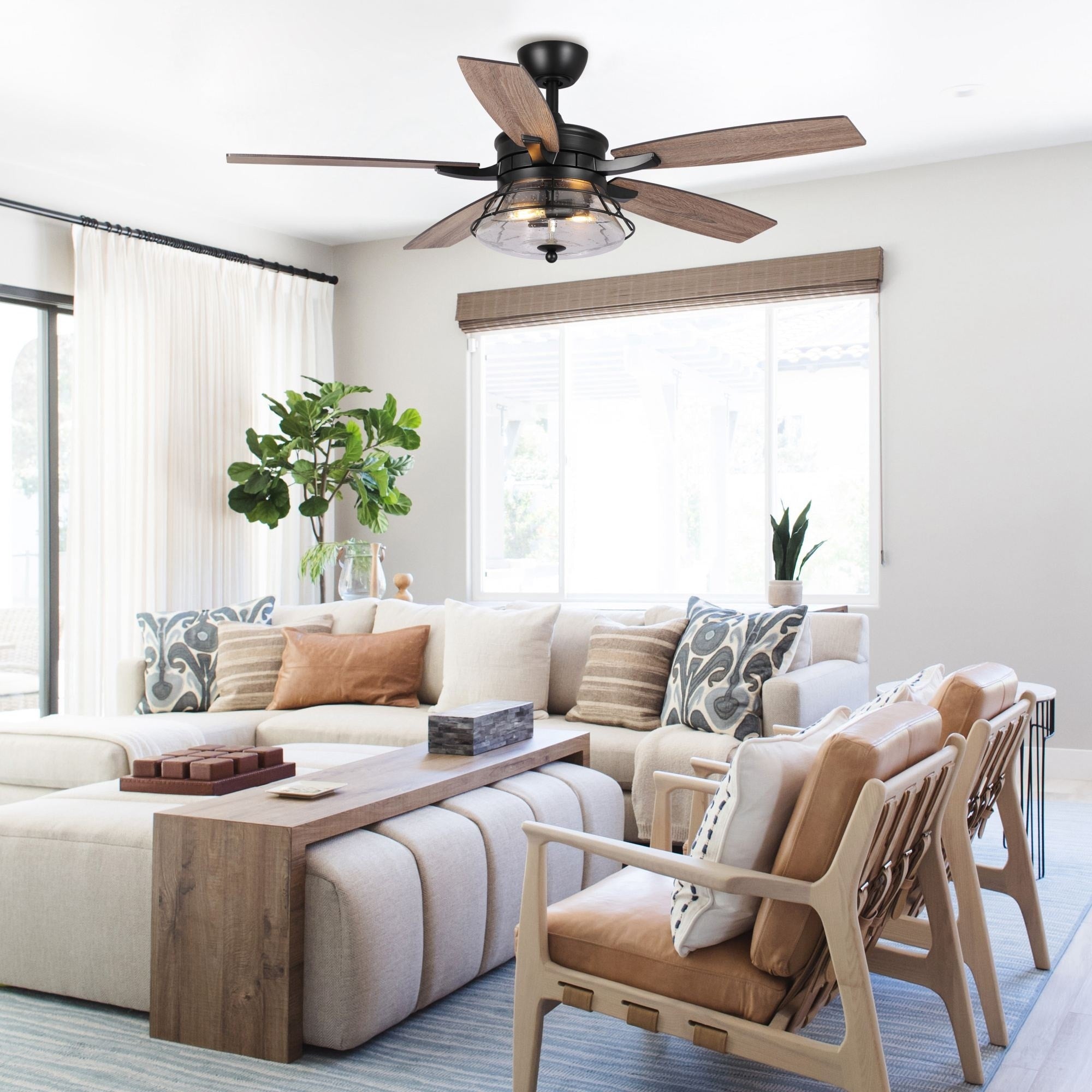 52 Industrial Seeded Glass Black Decorative Ceiling Fan with Remote and Light Kit