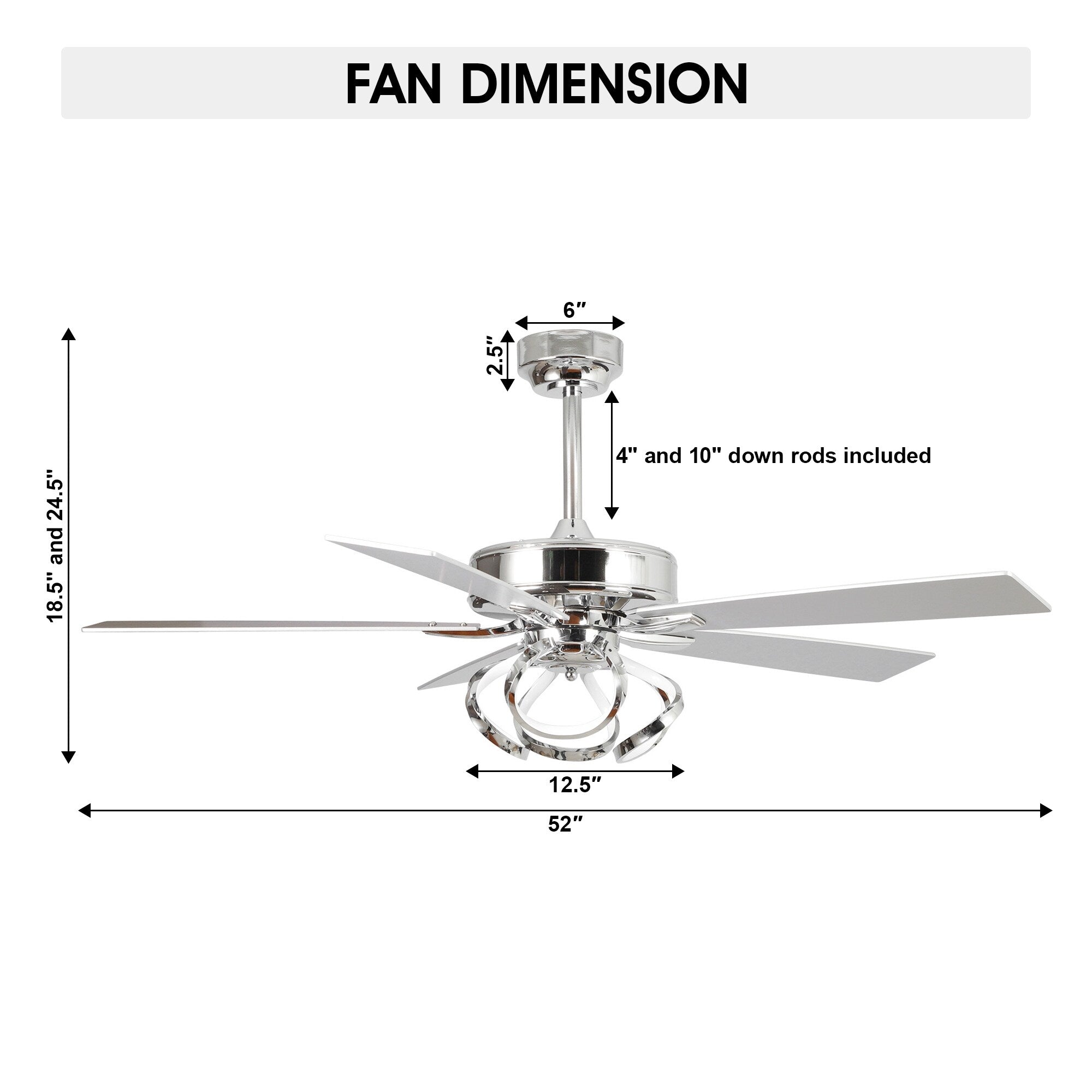 52 Modern Chrome/ Black Indoor Dimmable LED Ceiling Fan with Light and Remote