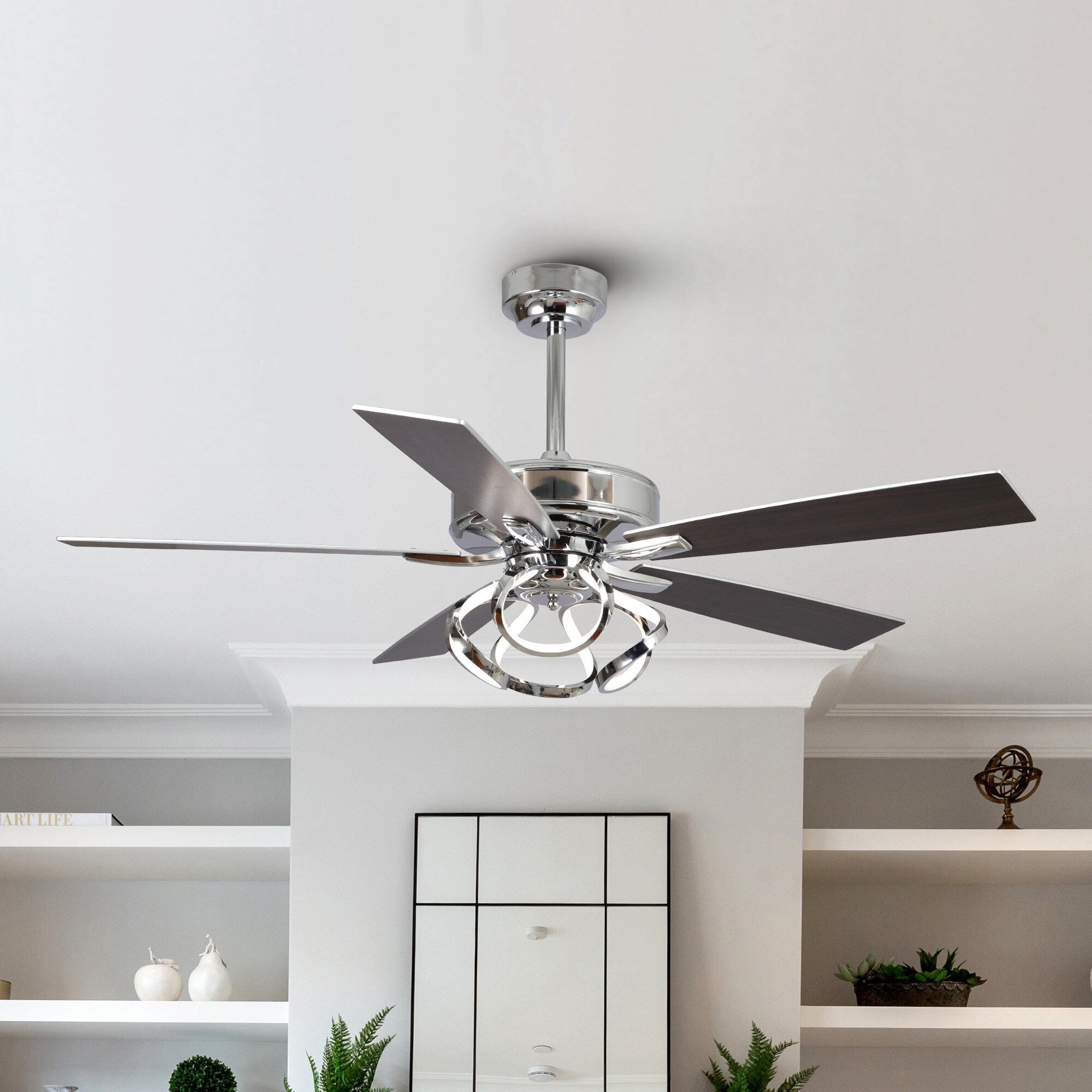 52 Modern Chrome/ Black Indoor Dimmable LED Ceiling Fan with Light and Remote