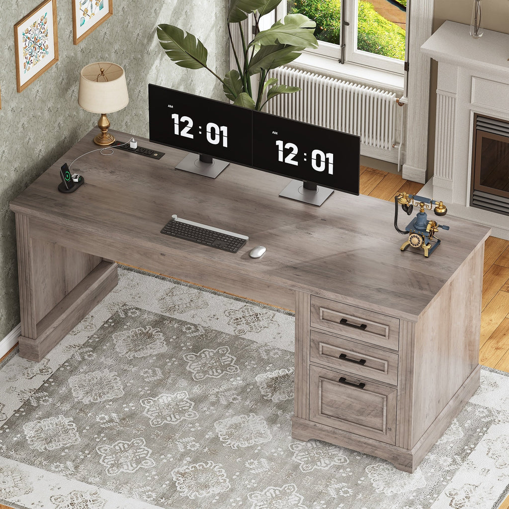 Farmhouse Executive Desk Home Office Desk File Drawer Monitor Stand Power Outlet