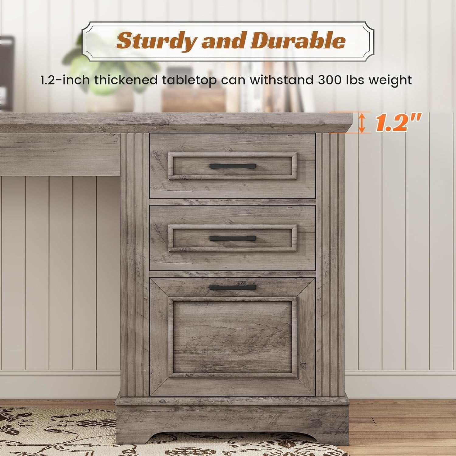 Farmhouse Executive Desk Home Office Desk File Drawer Monitor Stand Power Outlet